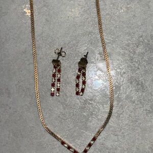 Avon Gold-Tone Necklace and Red-Clear Stone Earring Set